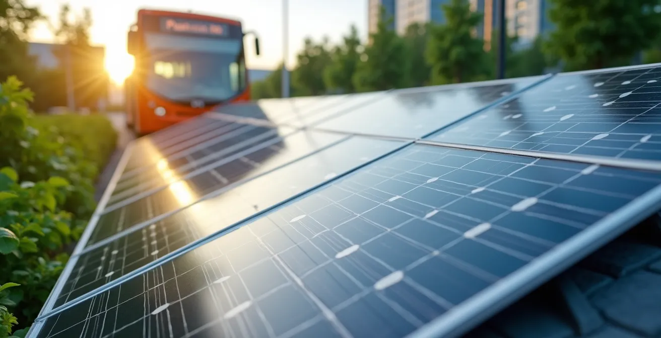 Gros plan sur des panneaux solaires intégrés au toit d'une station de bus avec végétation urbaine