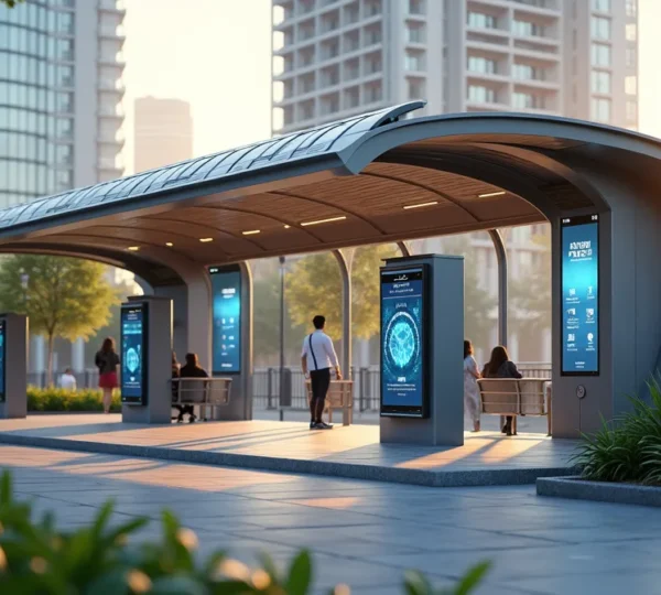 Station de bus futuriste avec panneaux solaires et écrans connectés dans un environnement urbain moderne
