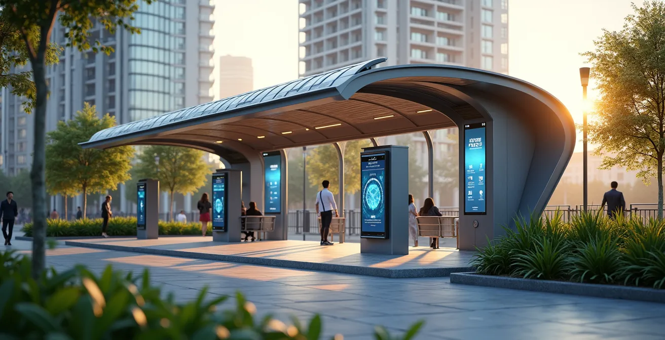 Station de bus futuriste avec panneaux solaires et écrans connectés dans un environnement urbain moderne