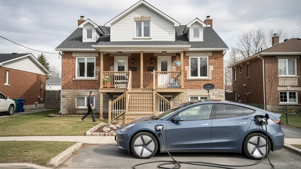 Véhicule électrique en recharge dans une entrée résidentielle québécoise typique