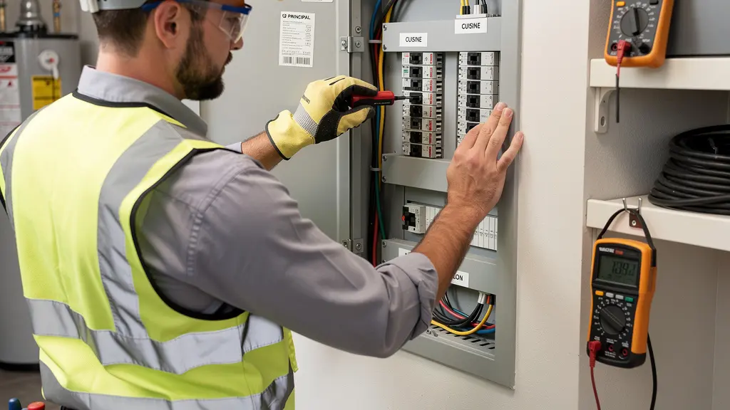 Électricien certifié inspectant un panneau électrique résidentiel moderne